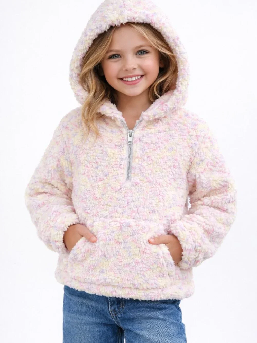 Justice Girls Sherpa Hoodie 6/7 Quarter Zip Pastel Fleece Pullover Cozy